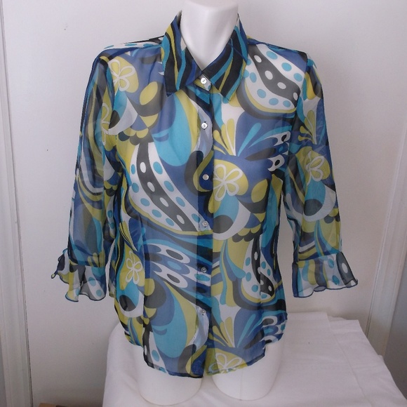 NICOLA Tops - Nicola Blue Yellow Mod Floral Chiffon Blouse M